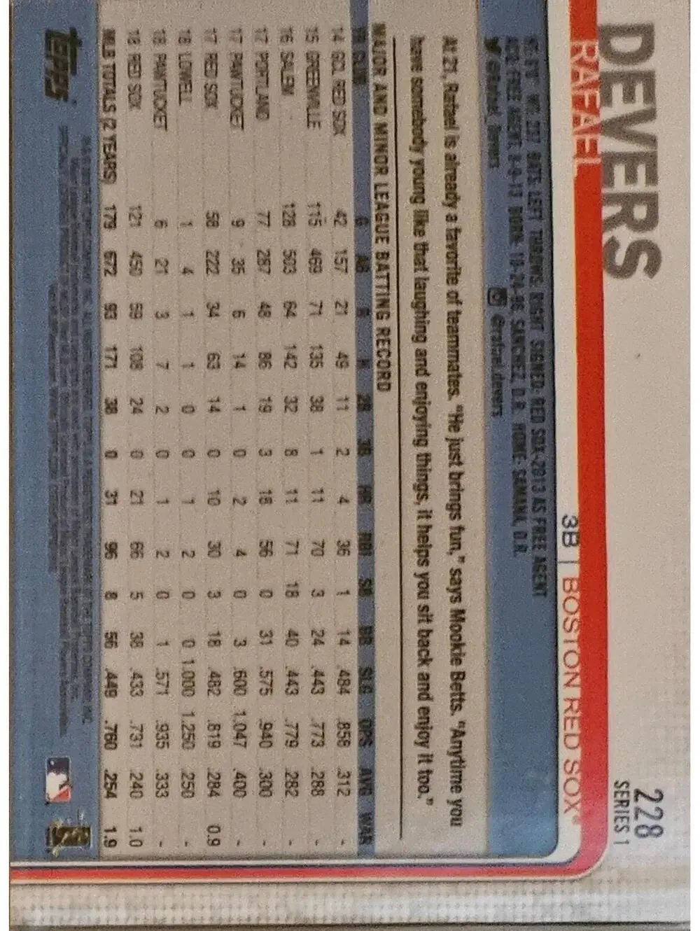 2019 Topps #228 Rafael Devers BASEBALL Boston Red Sox